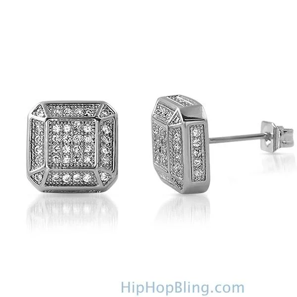 Earrings For Short Chains-3D Smooth Box Rhodium CZ Micro Pave Bling Earrings