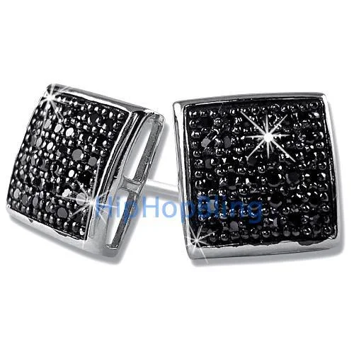 Earrings For Wide Venues-Large Puffed Box Black CZ Micro Pave Earrings .925 Silver