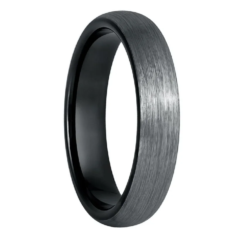 Rings For Overcast Moods-Brushed Domed Gunmetal Gray Tungsten Women's Wedding Band with Contrasting Black Interior