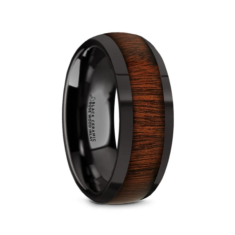 Rings Radiance Reviews-Rosewood Inlay Black Ceramic Men's Wedding Band