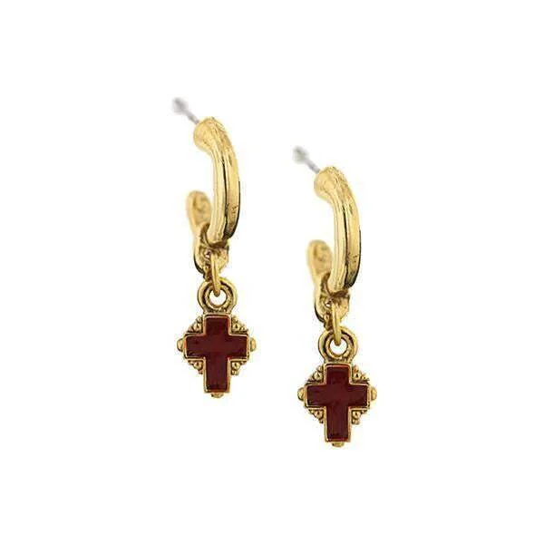 Thick Earrings For Life-Symbols of Faith Hoops With Red Enamel Cross Drop Earrings