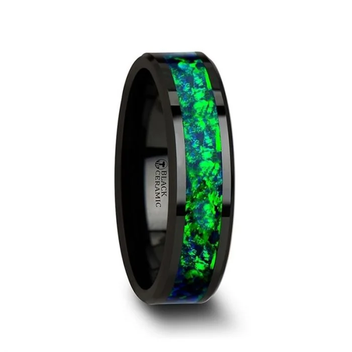 Value Rings For Clever Finds-Black Ceramic Women's Wedding Band with Green & Blue Opal Inlay