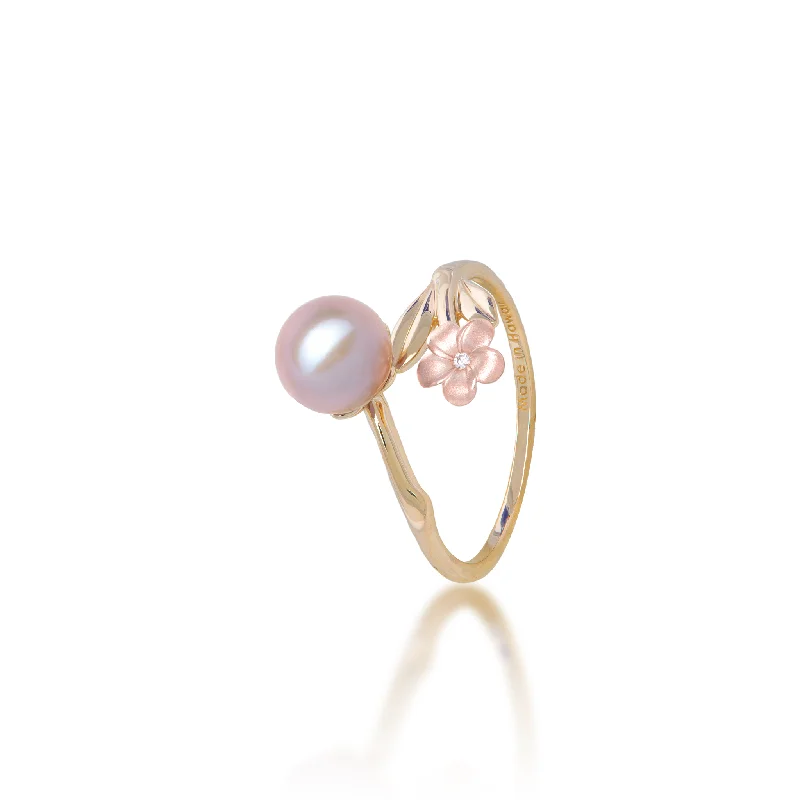 Rings With Brushed Look-Pearls in Bloom Plumeria Lavender Freshwater Pearl Ring in Two Tone Gold with Diamond - 7-8mm