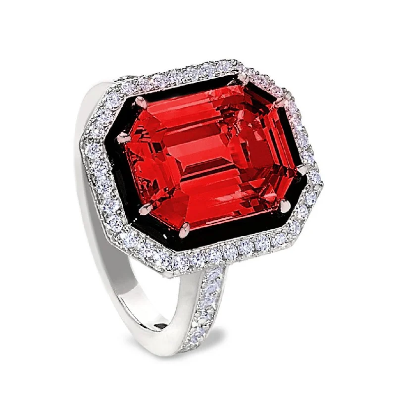 Rings For Porcelain Glow-Black Enamel & Simulated Ruby Octagon Women's Ring with Simulated Diamonds