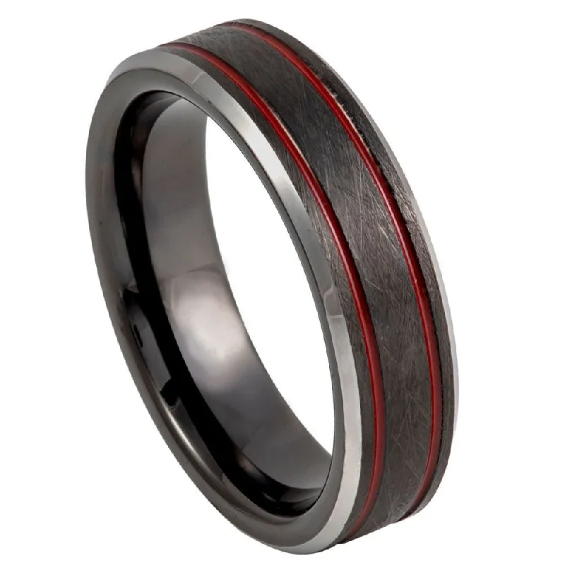 Rings With Vibrant Enamel-Brushed Tungsten Men's Wedding Band with Dual Red Grooves