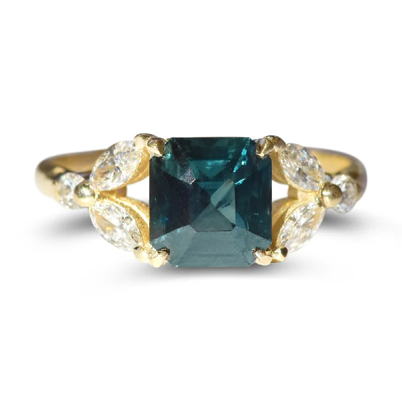 Rings Assurance Details-Forest Bathing Sapphire Ring - Emerald Cut Green Sapphire with Diamond Leaf Motif in 14k Yellow Gold