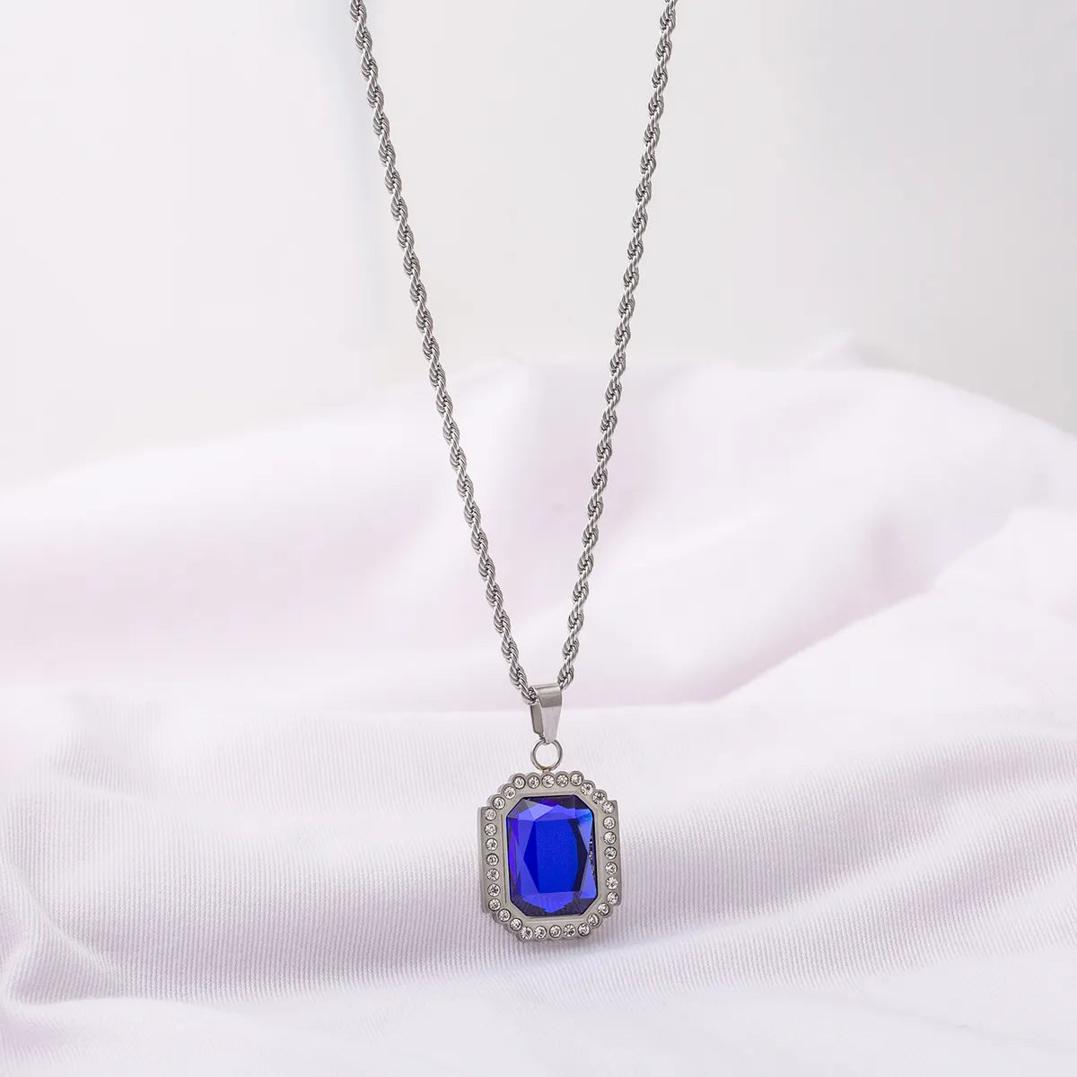 Necklaces Low-Cost Finds-Stainless Steel Hip-hop Square Polishing Inlay Rhinestones Pendant Necklace