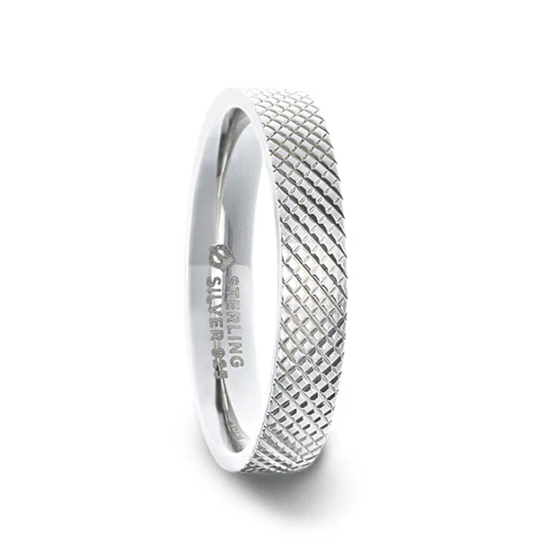 Rings For Twilight Glow-Diagonal Knurl Grooved Silver Women's Wedding Band