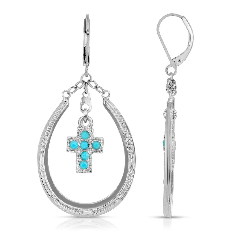 Earrings For Thick Chains-1928 Jewelry Southwest Turquoise Austrian Crystal Cross Horseshoe Earrings