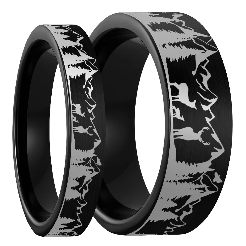 Rings For Groovy Decades-Deer Mountain Range Brushed Black Tungsten Couple's Matching Wedding Band Set