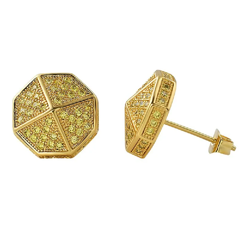 Earrings With Faded Tones-3D Pointed Octagon Lemonade CZ Hip Hop Earrings