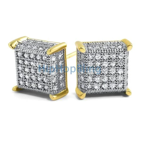 Earrings For Thin Jaws-3D Cube CZ Gold Micro Pave Iced Out Earrings