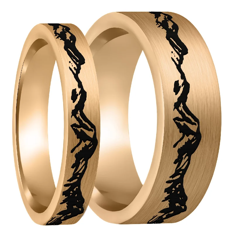 Rings Flair Chronicles-Mountain Range Brushed Rose Gold Tungsten Couple's Matching Wedding Band Set