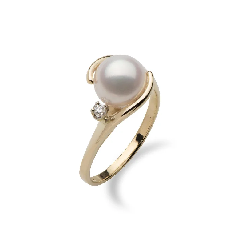 Rings For Chunky Pendants-Akoya Pearl Ring in Gold with Diamond - 8mm