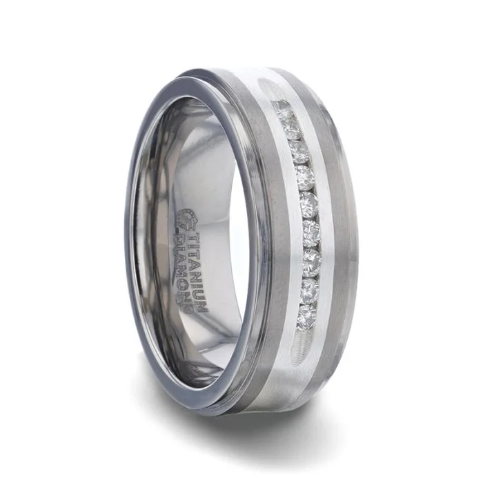 Rings For Tender Wear-Titanium Men's Wedding Band with 9 White Diamonds in Silver Inlay