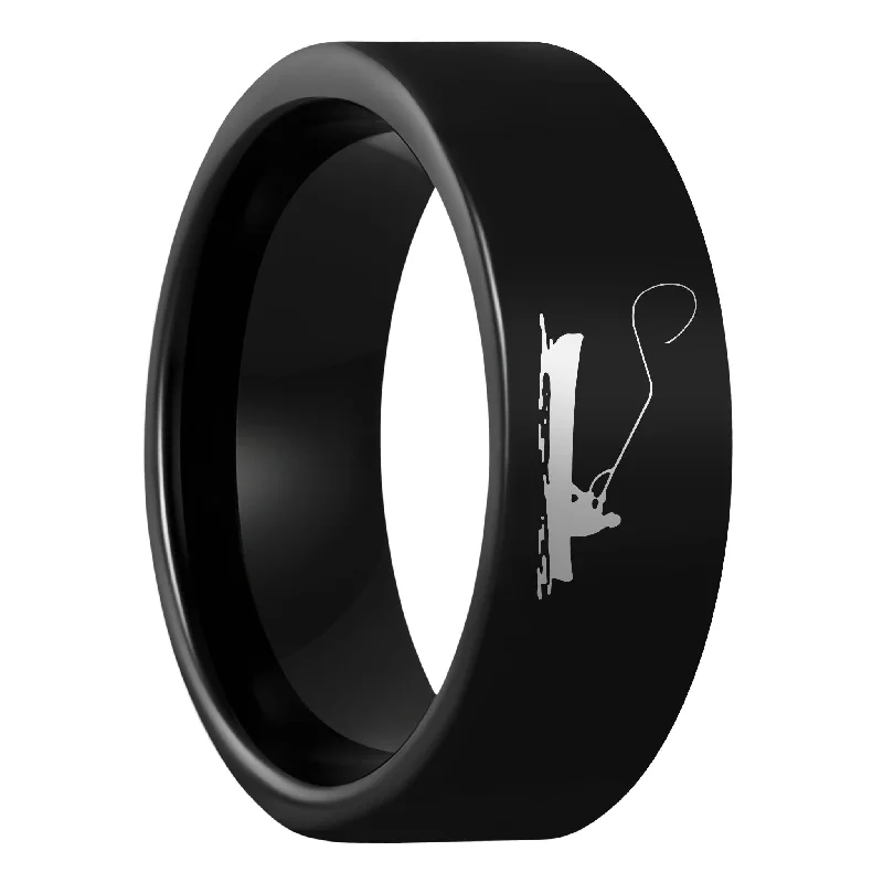 Best Grounded Rings-Fisherman Boat Scene Black Tungsten Men's Wedding Band