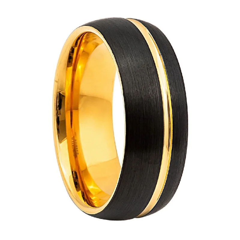 Best Aura Rings-Black Tungsten Men's Wedding Band with Yellow Gold Groove