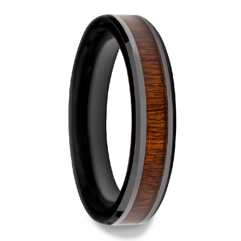 Rings For Dynamic Flair-Black Ceramic Women's Wedding Band with Rosewood Inlay