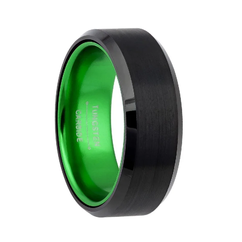 Rings With Filigree Details-Flat Black Tungsten Men's Wedding Band with Contrasting Green Interior