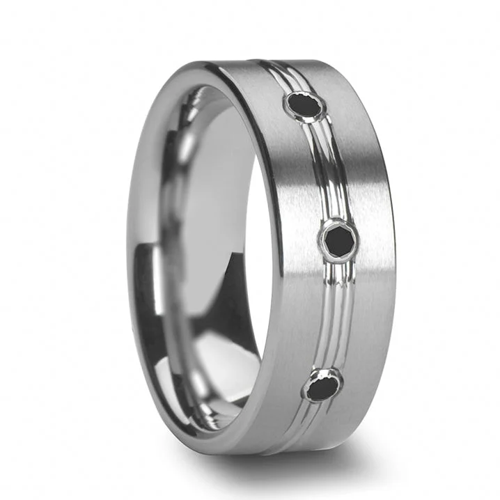 Earth Rings For Roots-Grooved Tungsten Men's Wedding Band with Three Black Diamonds