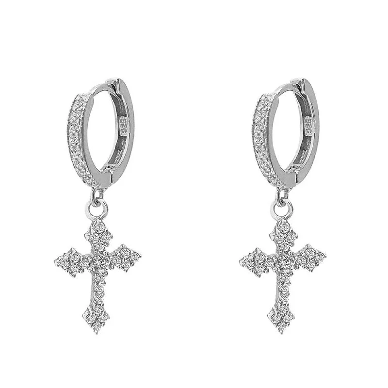 Deep Earrings For Flash-Dangling Antique Cross Hoop VVS Moissanite Earrings .925 Sterling Silver