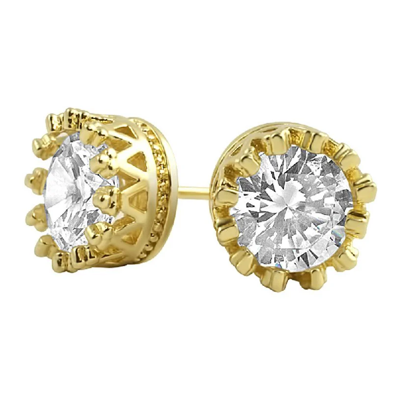 Earrings For Cozy Nights-Gold Crown Round CZ Bling Bling Earrings