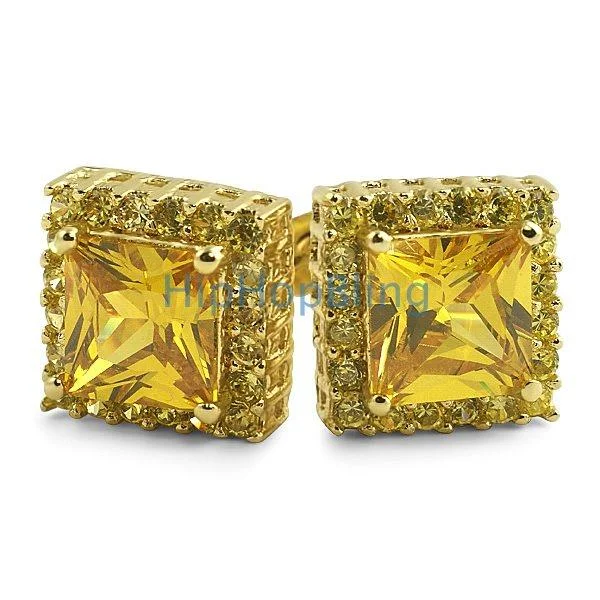 Earrings For Soft Glow-Lemonade Princess Cut CZ Ice Border Bling Bling Earrings