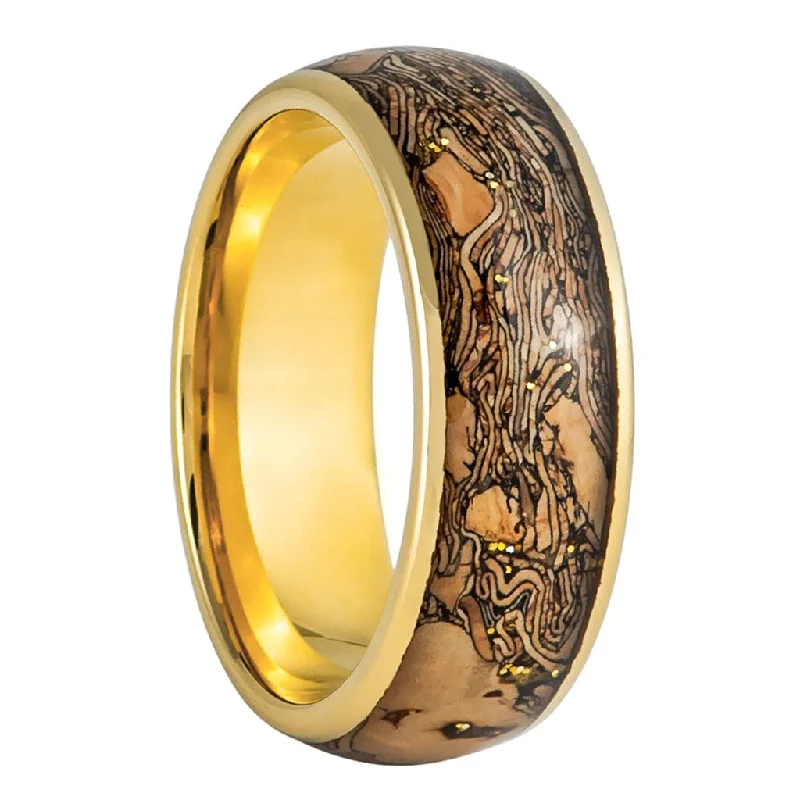 Rings With Topaz Spark-Cork Inlaid Gold Tungsten Men's Wedding Band