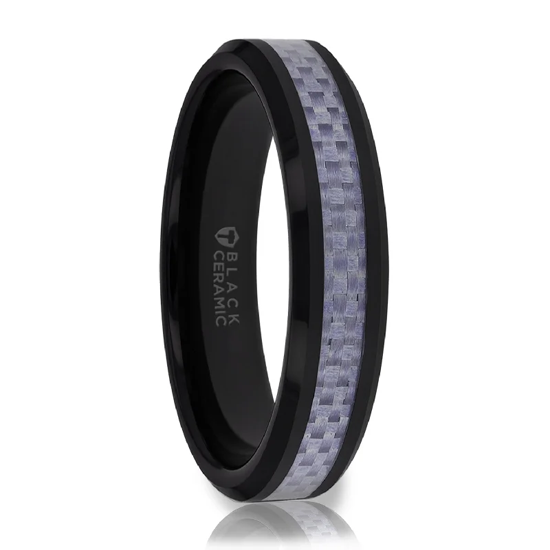 Elite Rings For Extravagant Taste-Black Ceramic Wedding Band with Purple Carbon Fiber Inlay