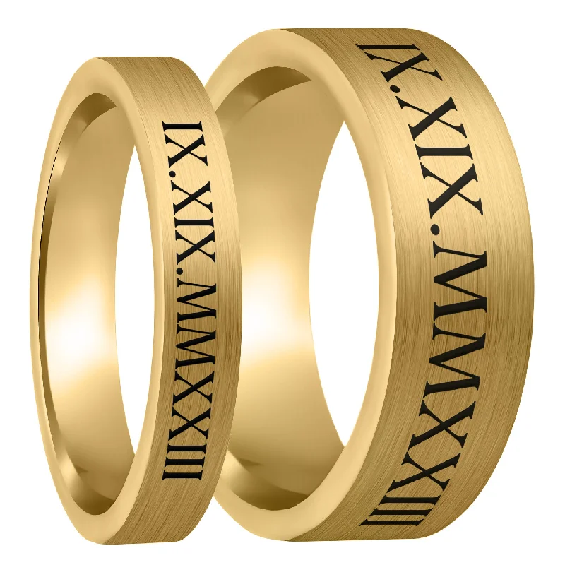 Rings For Golden Sunsets-Roman Numeral Date Brushed Gold Tungsten Couple's Matching Wedding Band Set