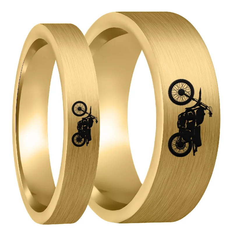 Rings Grip Insights-Dirt Bike Brushed Gold Tungsten Couple's Matching Wedding Band Set