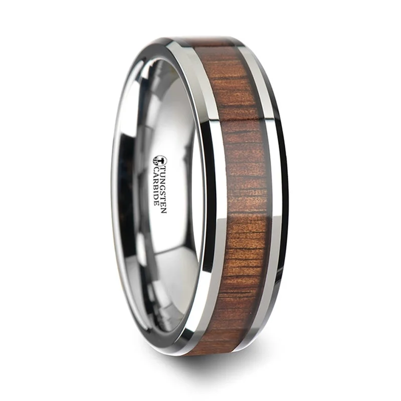 Rings For Tousled Waves-Tungsten Wedding Band with Koa Wood Inlay