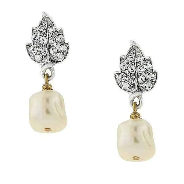 Great Earrings For Calm Looks-1928 Jewelry Austrian Crystal Leaf And Baroque Faux Pearl Drop Earrings