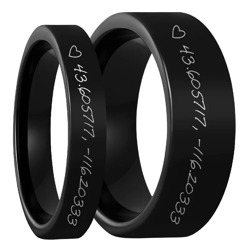 Rings For Futuristic Edge-Custom Handwritten Coordinates Black Tungsten Couple's Matching Ring Set