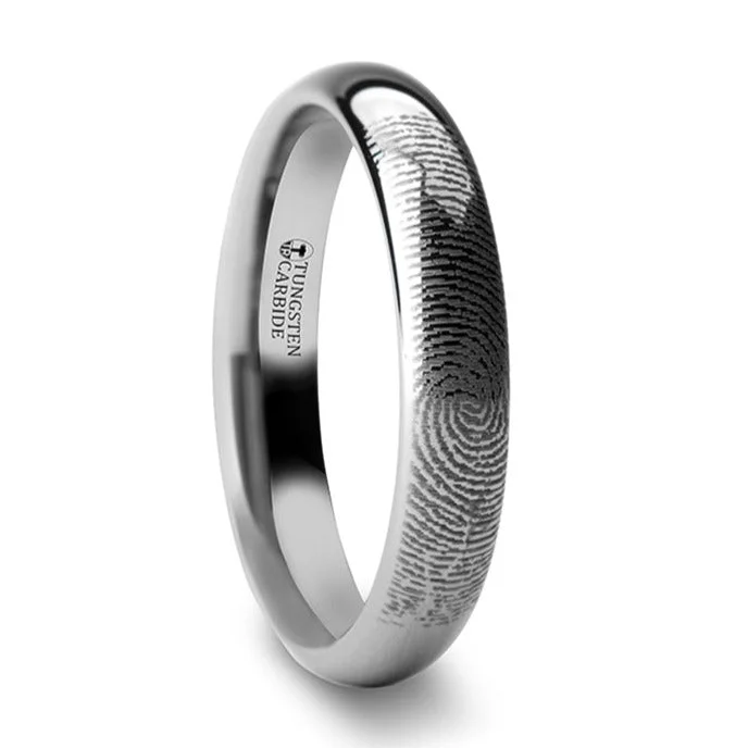 Rings Shimmer Ratings-Custom Fingerprint Engraved Domed Tungsten Women's Ring