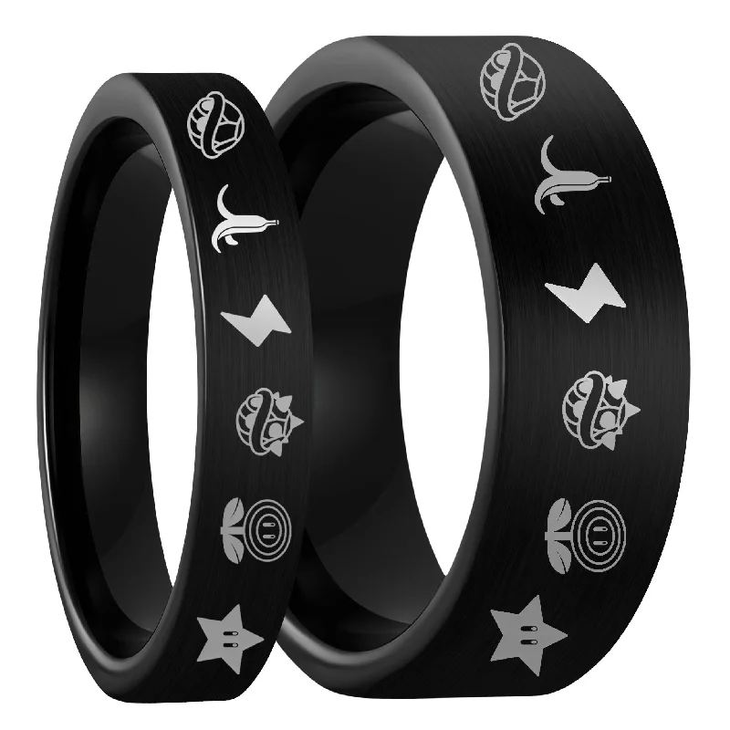 Rings For Scorching Days-Mario Kart Items Brushed Black Tungsten Couple's Matching Wedding Band Set