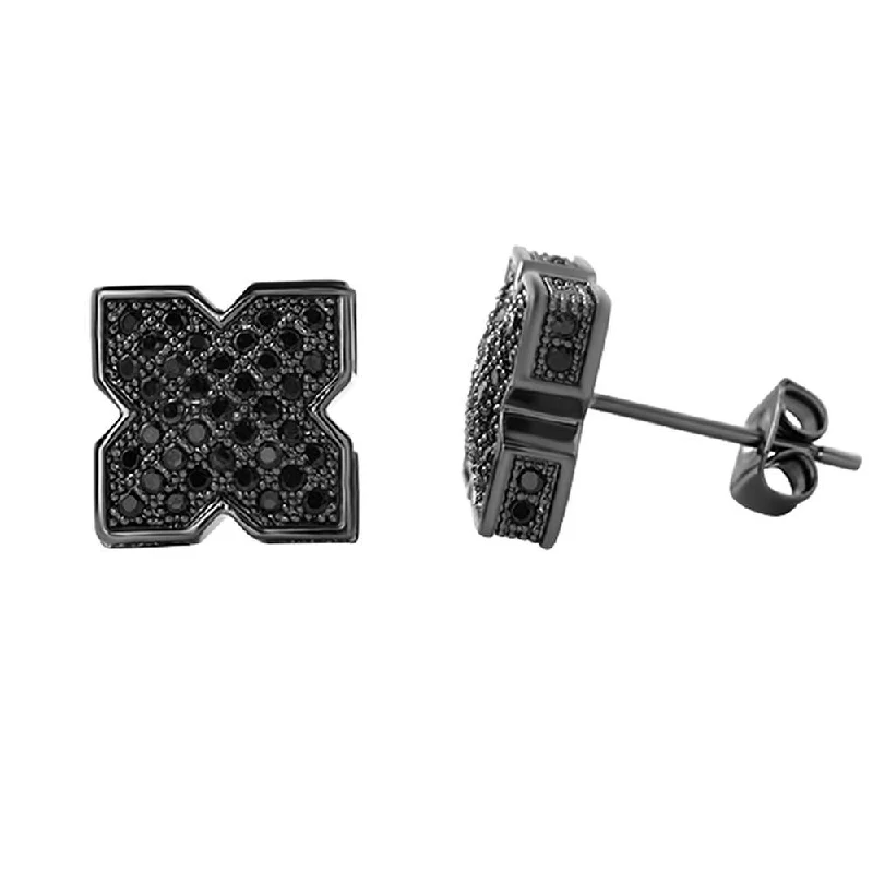 Earrings For Flow Ends-3D Pointed X Black CZ Bling Bling Earrings