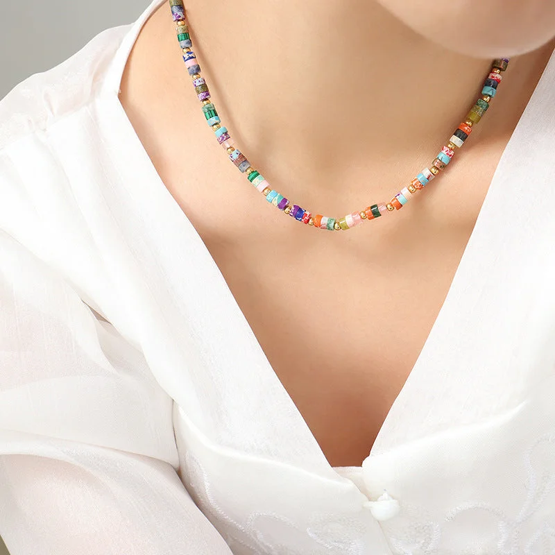 P1222-Colorful Natural Stone Beaded Necklace-40+5cm