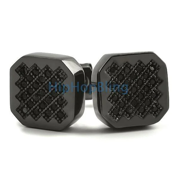 Earrings With Firm Grip-Zig Zag Iced Out Black CZ Micro Pave Earrings