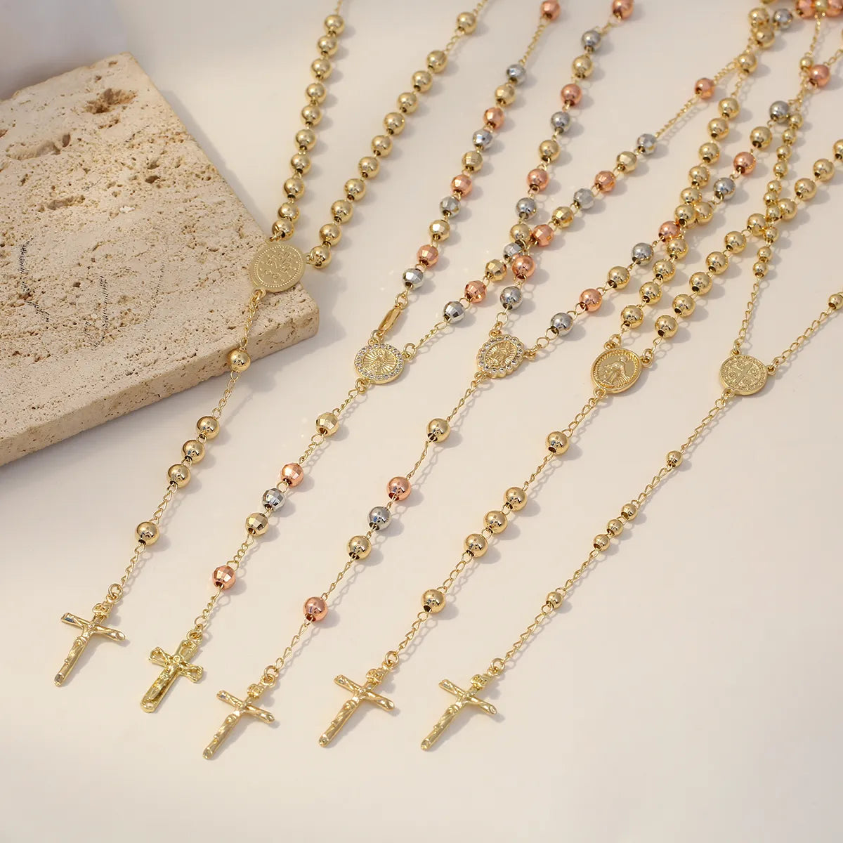 Necklaces For Farm Style-Copper 14K Gold Plated Beaded Inlay Cross Zircon Pendant Necklace