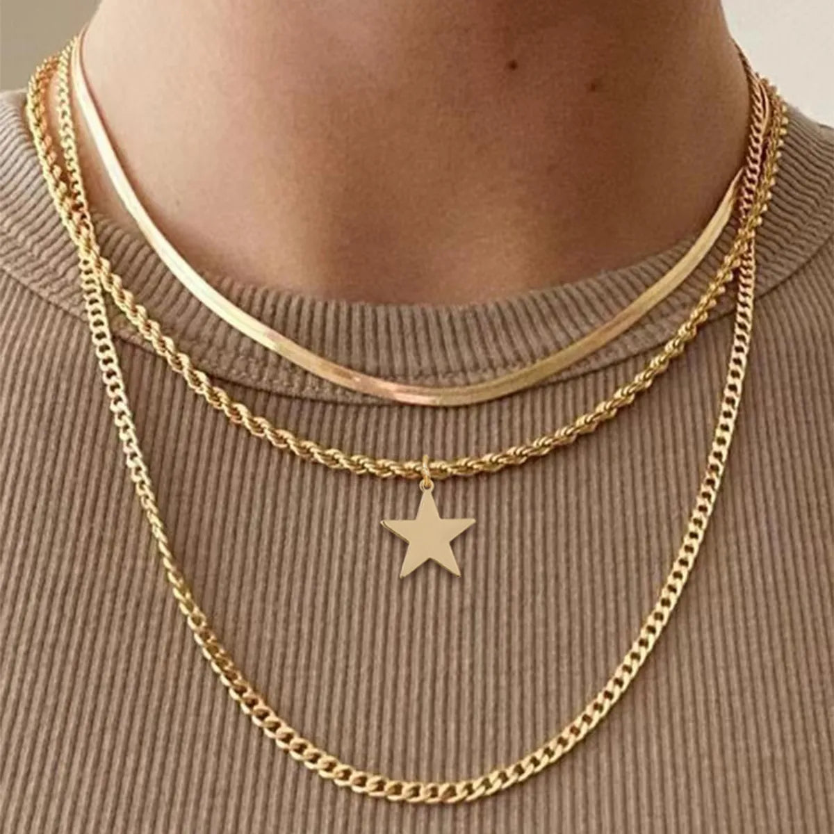 Hard Necklaces For Life-201 Stainless Steel Copper Pentagram Layered Necklaces