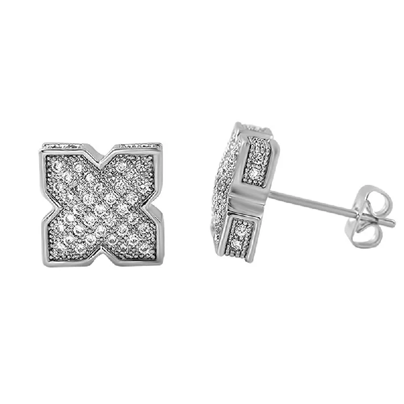 Earrings For 90s Throwback-3D Pointed X Rhodium CZ Bling Bling Earrings