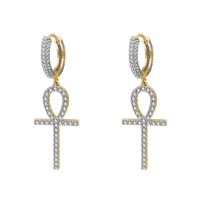 Earrings For Full Locks-Large Ankh Tennis Cross Dangling Huggie Hoop Iced Out Earrings .925 Silver