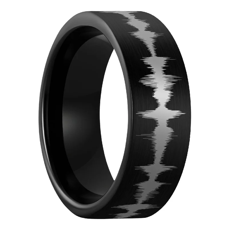 Steady Glow Rings-Custom Soundwave Brushed Black Tungsten Men's Ring