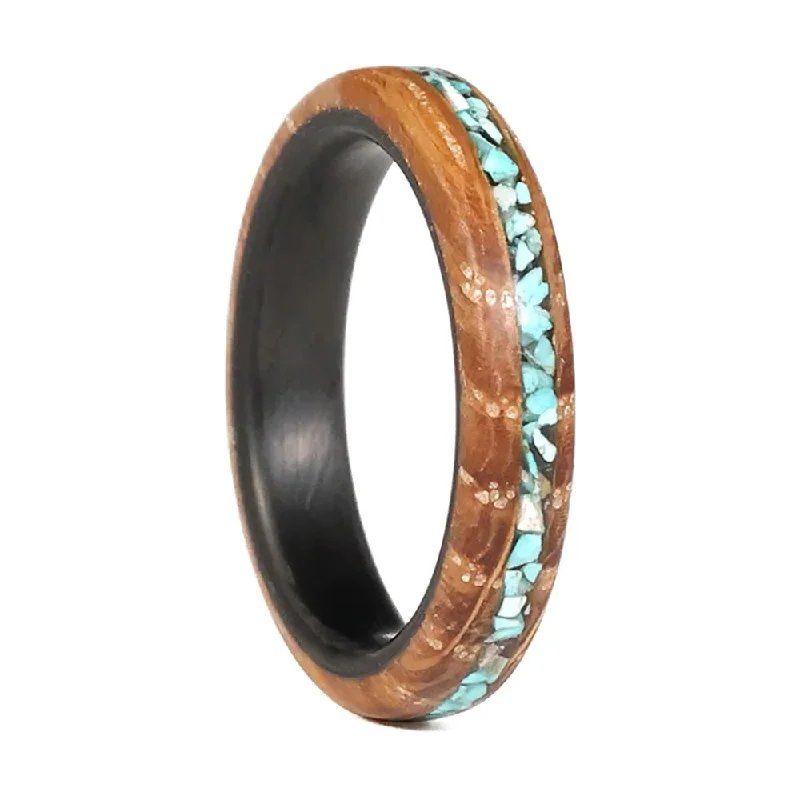 Rings For Metro Flair-Turquoise Stone Inlaid Women's Wood Wedding Band with Carbon Fiber Interior