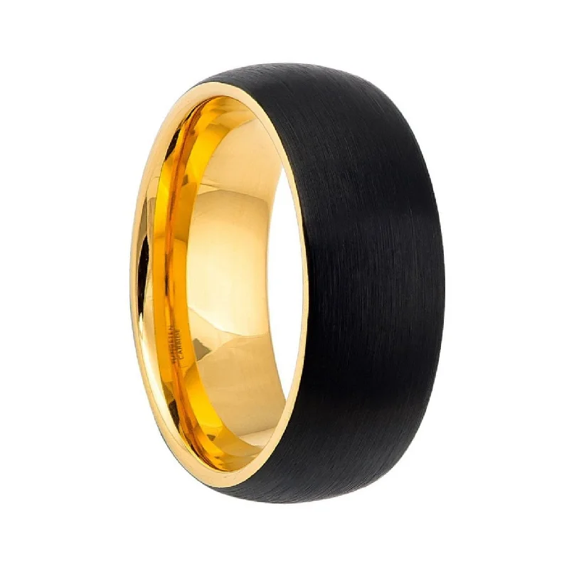 Rings For Meadow Vibes-Brushed Black Tungsten Men's Wedding Band with Contrasting Yellow Gold Interior