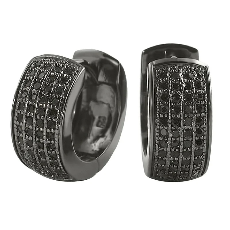 Earrings For Bush Looks-Thick 4 Row Hoops Black CZ Huggie Earrings