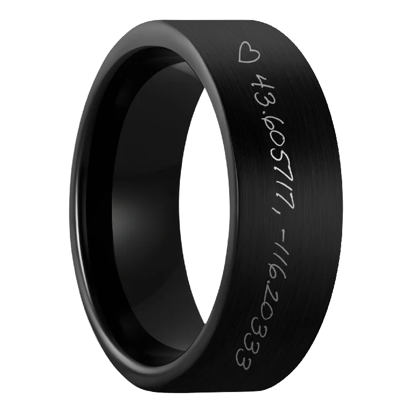 Rings Hold Rituals-Custom Handwritten Coordinates Brushed Black Tungsten Men's Ring