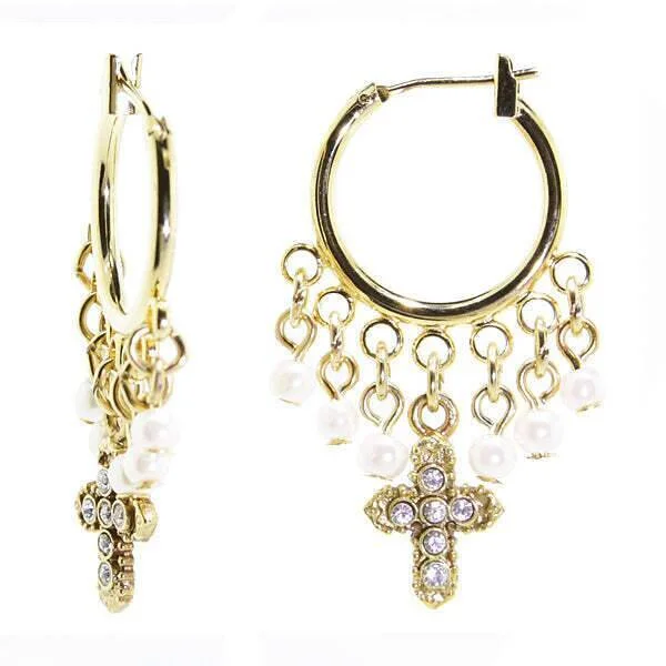 Earrings For Mild Wear-1928 Jewelry White Faux Pearl And Crystal Cross Hoop Drop Earrings