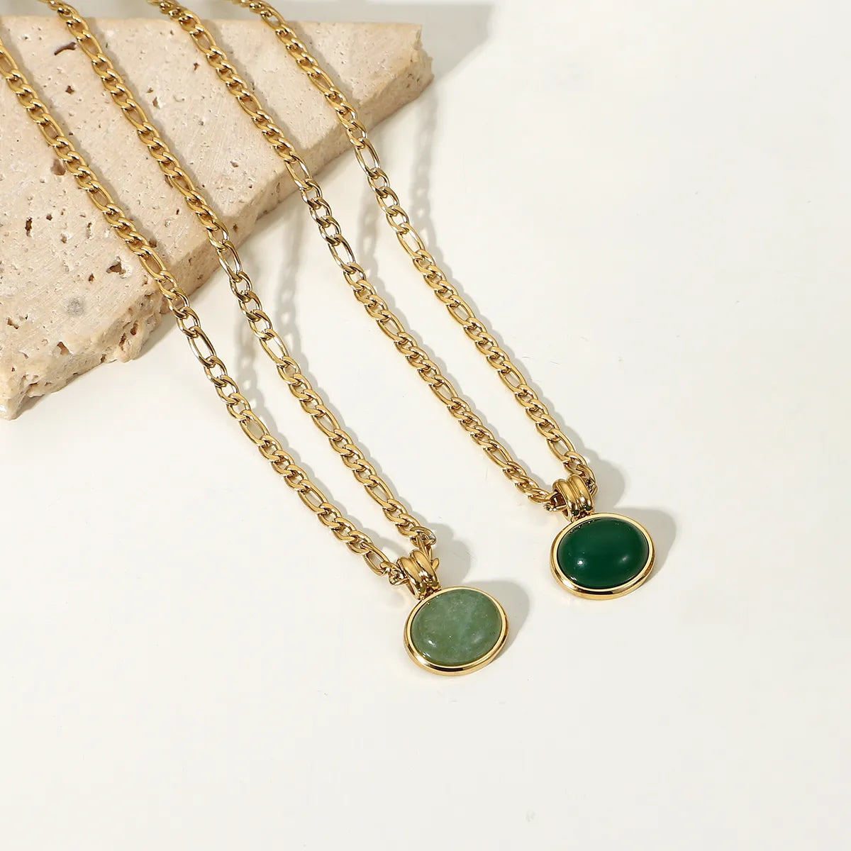 Necklaces Rust Tips-14k Green Aventurine Jade Round Pendant Figaro Chain Stainless Steel Necklace